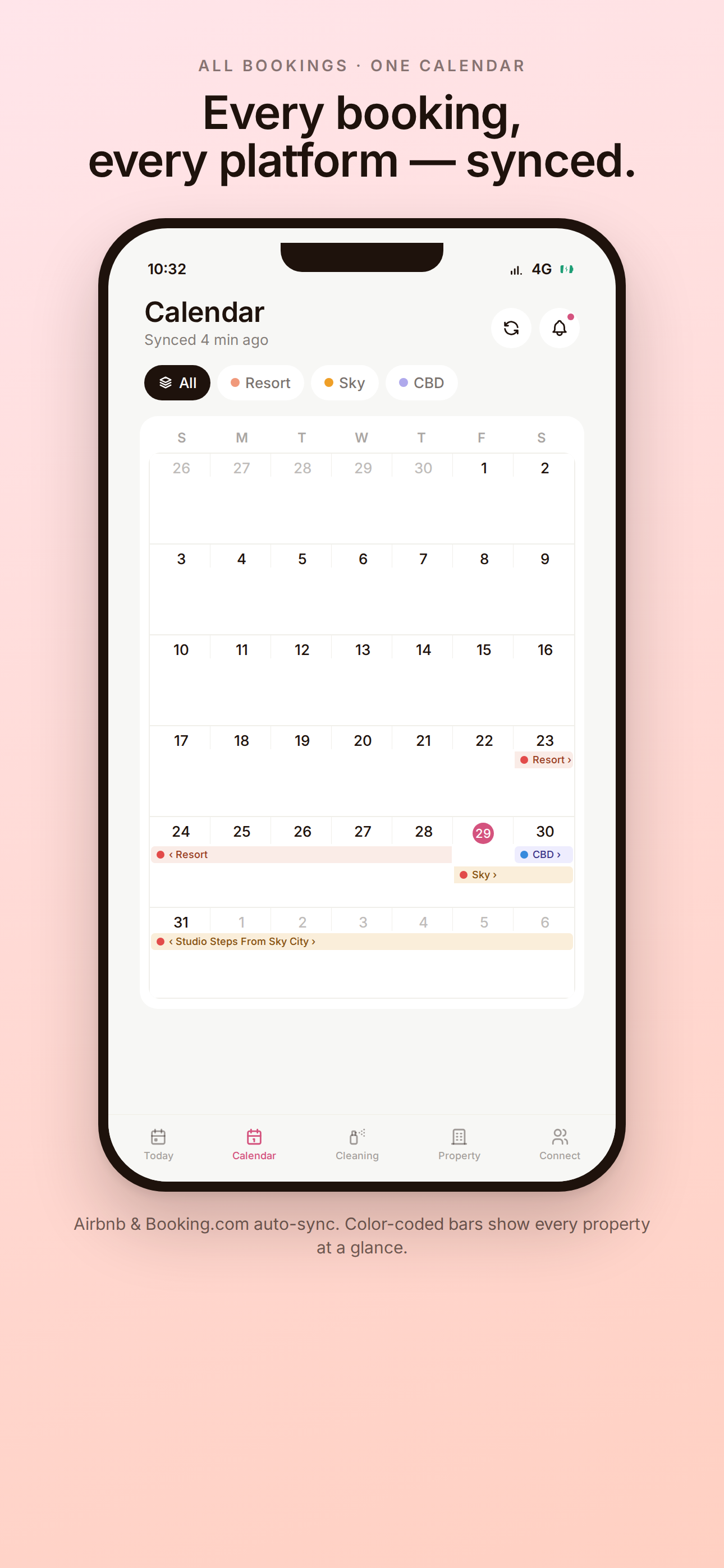 Hostmaster calendar showing bookings across every property, colour-coded by platform