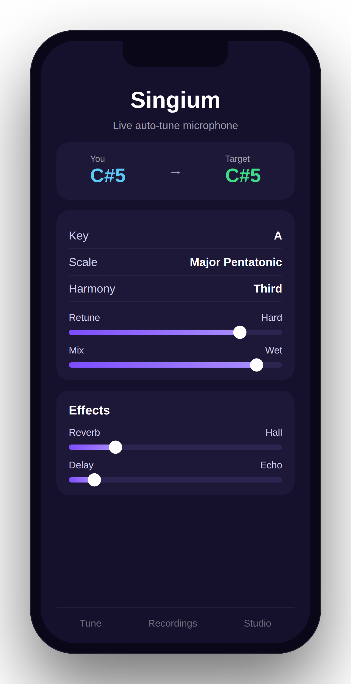 Singium studio effects: harmonies, reverb, delay and character presets