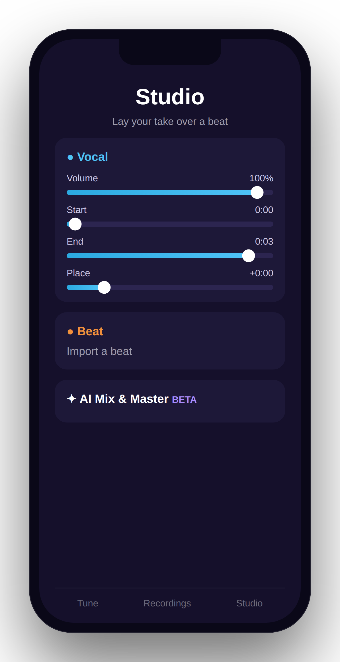 Singium Studio: lay your vocal over an imported beat with volume, trim and placement controls